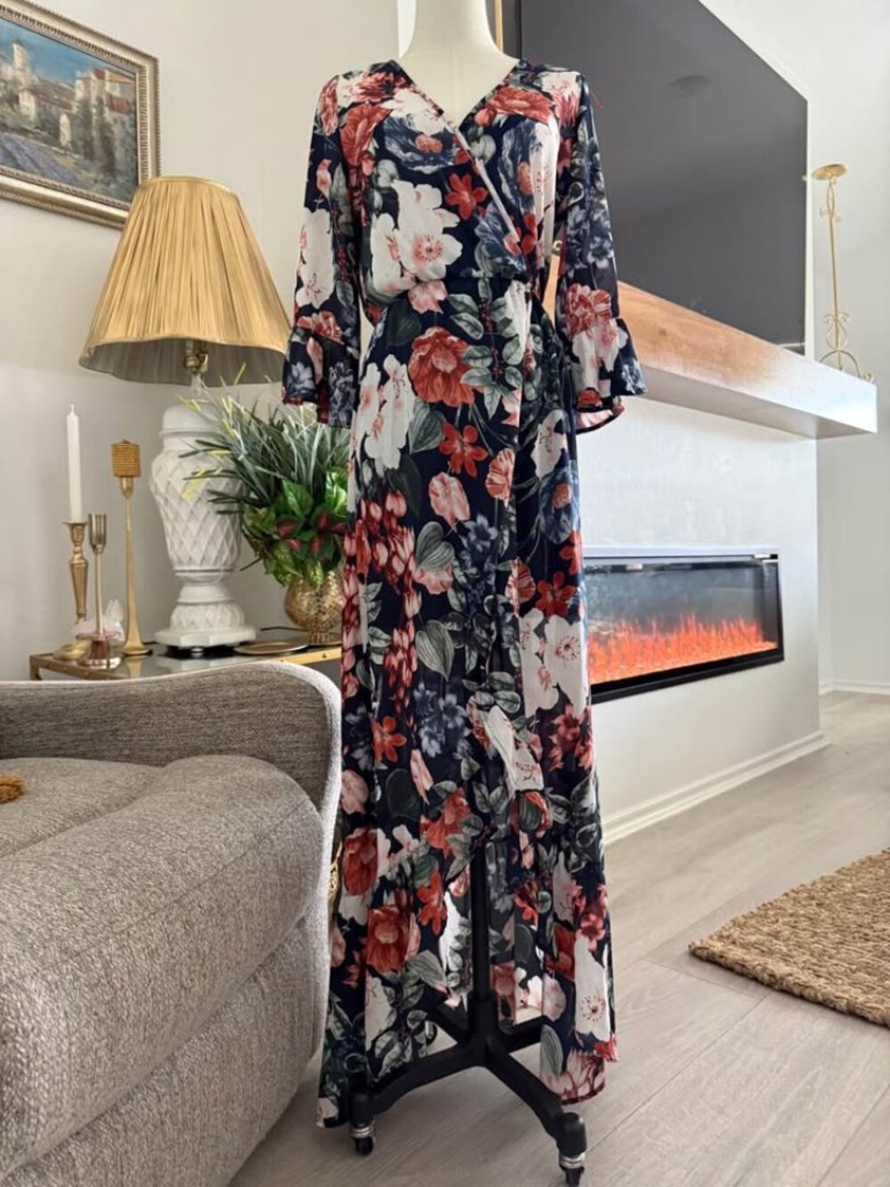 Women's Floral Spring Wrap Maxi Dress Romantic Boho Flowy Size S